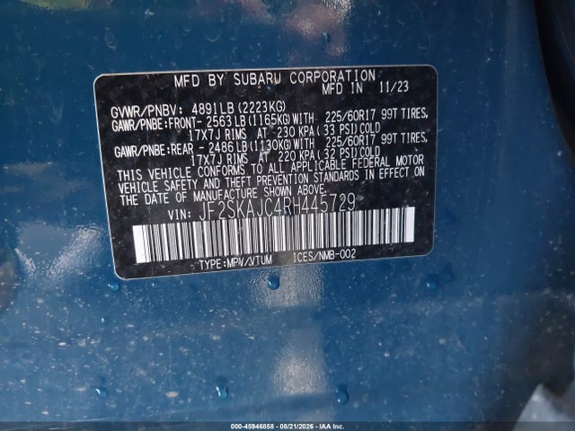 45946858 :رقم المزاد ، JF2SKAJC4RH445729 vin ، 2024 Subaru Forester Wilderness مزاد بيع