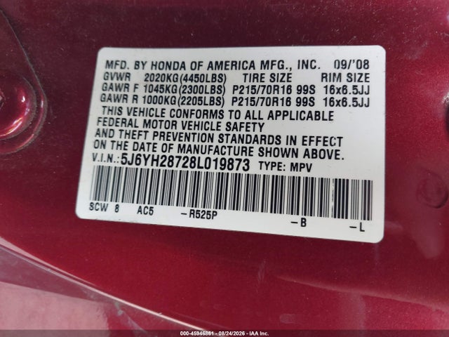45946861 :رقم المزاد ، 5J6YH28728L019873 vin ، 2008 Honda Element Ex مزاد بيع