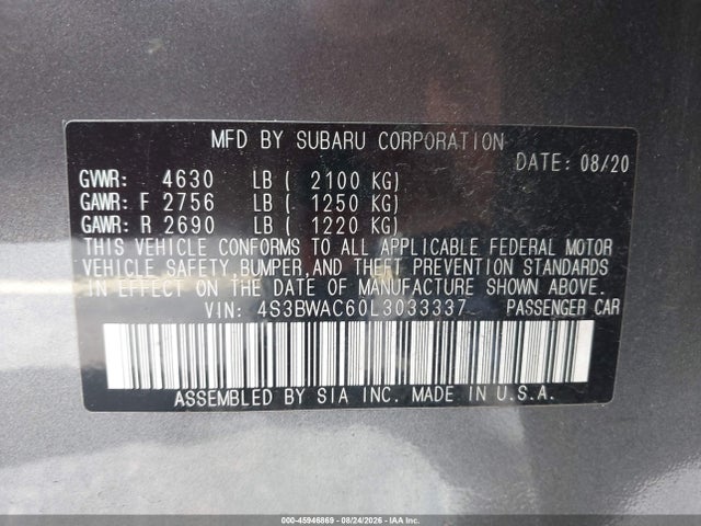 2020 Subaru Legacy Premium მანქანა იყიდება აუქციონზე, vin: 4S3BWAC60L3033337, აუქციონის ნომერი: 45946869