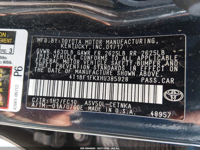 2017 Toyota Camry Le მანქანა იყიდება აუქციონზე, vin: 4T1BF1FKXHU385928, აუქციონის ნომერი: 45946880