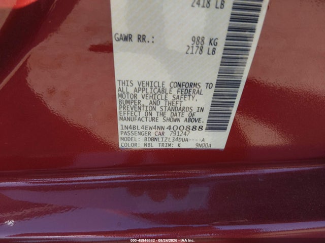 45946882 :رقم المزاد ، 1N4BL4EW4NN400888 vin ، 2022 Nissan Altima Sl Intelligent Awd مزاد بيع