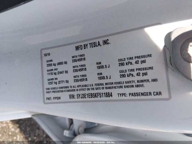 Tesla Model 3 Long Range/performance 2019 5YJ3E1EB5KF511884 Image 9