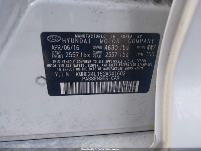 Продаж на аукціоні авто 2016 Hyundai Sonata Hybrid Se, vin: KMHE24L18GA041682, номер лоту: 45946887