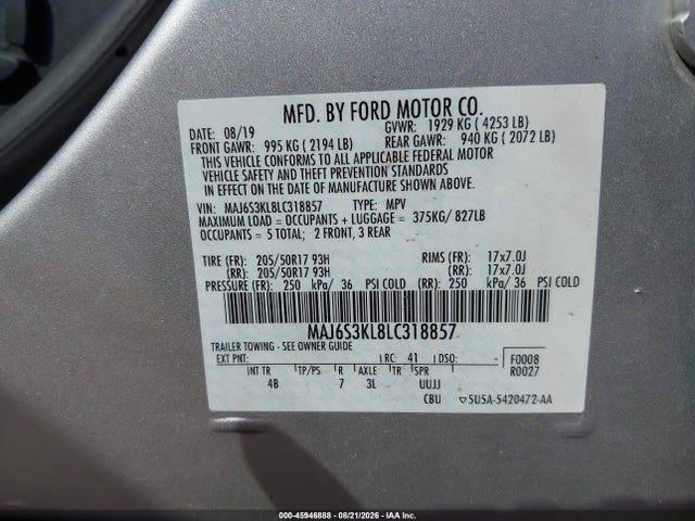45946888 :رقم المزاد ، MAJ6S3KL8LC318857 vin ، 2020 Ford Ecosport Titanium مزاد بيع