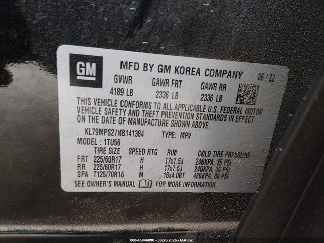 45946890 :رقم المزاد ، KL79MPS27NB141384 vin ، 2022 Chevrolet Trailblazer Fwd Lt مزاد بيع