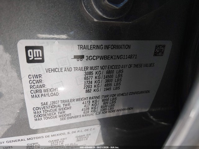 Aukcja sprzedaży 2022 Chevrolet Silverado 1500 Ltd 2wd  Short Bed Custom, vin: 3GCPWBEK1NG114871, numer aukcji: 45946919