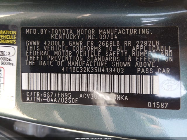 45946925 :رقم المزاد ، 4T1BE32K35U419403 vin ، 2005 Toyota Camry Le مزاد بيع