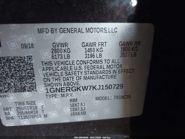 Chevrolet Traverse 1lt 2019 1GNERGKW7KJ150729 Image 9