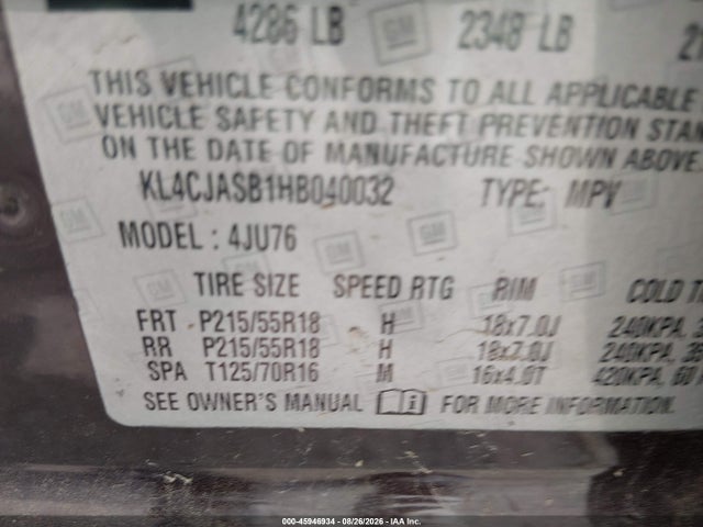 Продажа на аукционе авто 2017 Buick Encore Preferred, vin: KL4CJASB1HB040032, номер лота: 45946934