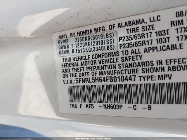 Honda Odyssey Ex-l 2015 5FNRL5H64FB010447 Image 9