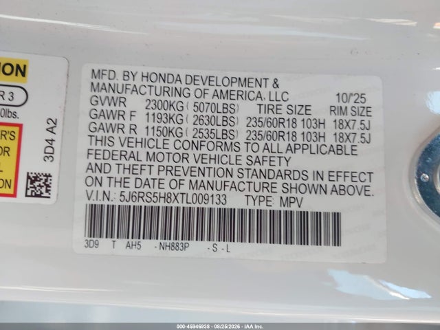 45946938 :رقم المزاد ، 5J6RS5H8XTL009133 vin ، 2026 Honda Cr-v Hybrid 2wd Sport-l مزاد بيع