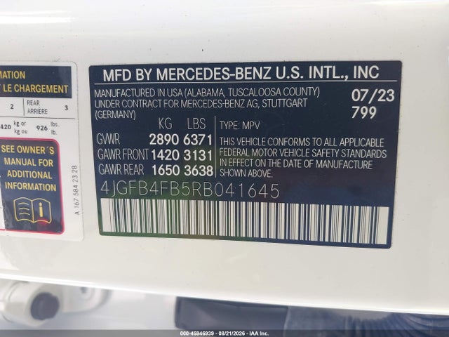 Aukcja sprzedaży 2024 Mercedes-benz Gle 350 4matic, vin: 4JGFB4FB5RB041645, numer aukcji: 45946939