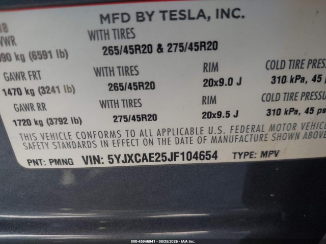 Tesla Model X 100d/75d/p100d 2018 5YJXCAE25JF104654 Image 9