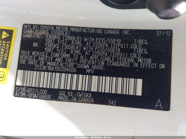 Aukcja sprzedaży 2013 Lexus Rx 350, vin: 2T2ZK1BA1DC094006, numer aukcji: 45946942
