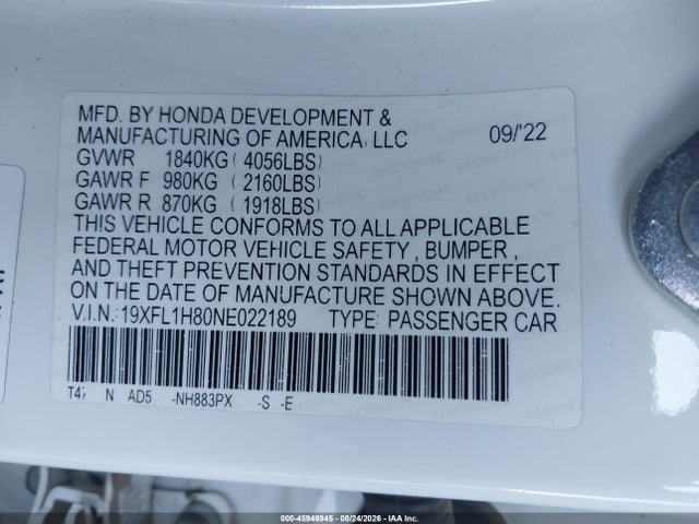 45946945 :رقم المزاد ، 19XFL1H80NE022189 vin ، 2022 Honda Civic Sport Touring مزاد بيع