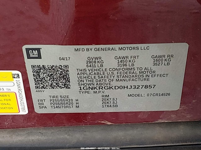 45946957 :رقم المزاد ، 1GNKRGKD0HJ327857 vin ، 2017 Chevrolet Traverse Lt مزاد بيع