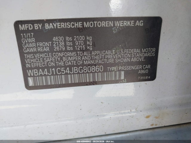 Aukcja sprzedaży 2018 Bmw 430i Gran Coupe, vin: WBA4J1C54JBG80860, numer aukcji: 45946982