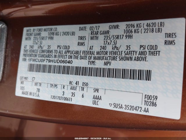 Ford ESCAPE S 2017 1FMCU0F79HUD06040 Image 9