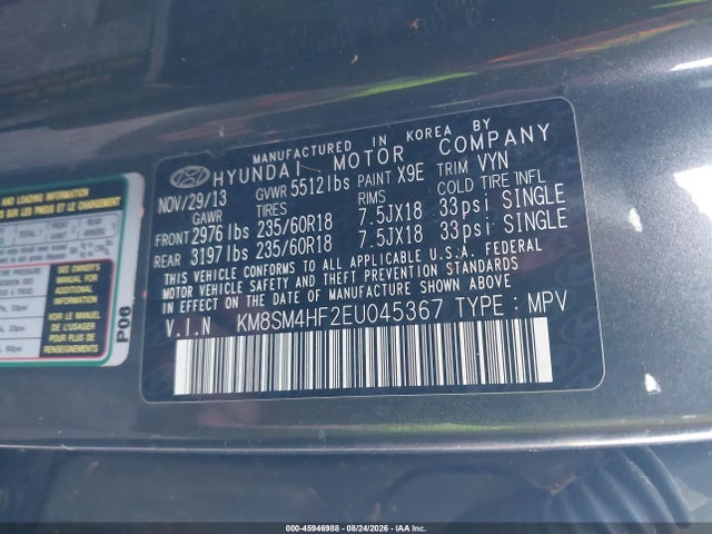 2014 Hyundai Santa Fe Gls მანქანა იყიდება აუქციონზე, vin: KM8SM4HF2EU045367, აუქციონის ნომერი: 45946988