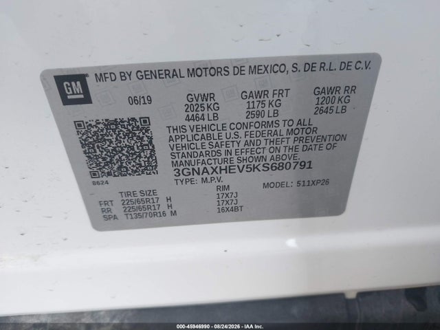 Продажа на аукционе авто 2019 Chevrolet Equinox Ls, vin: 3GNAXHEV5KS680791, номер лота: 45946990