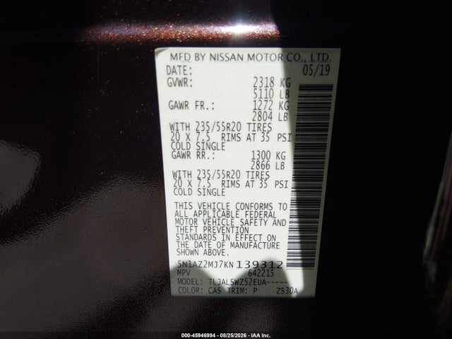Продаж на аукціоні авто 2019 Nissan Murano Platinum, vin: 5N1AZ2MJ7KN139312, номер лоту: 45946994