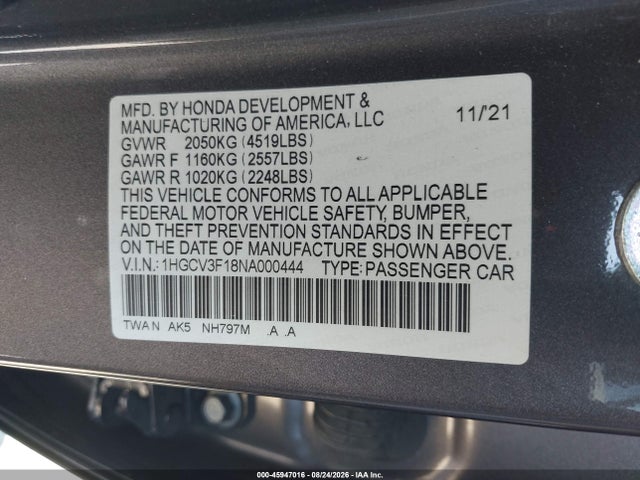 1HGCV3F18NA000444 Honda ACCORD HYBRID
