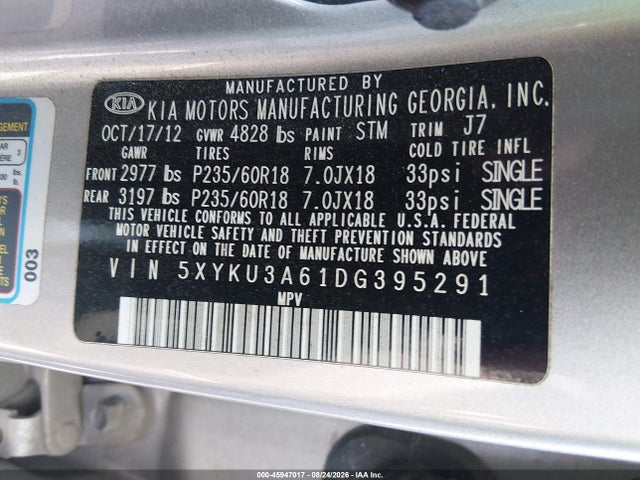 2013 Kia Sorento Ex მანქანა იყიდება აუქციონზე, vin: 5XYKU3A61DG395291, აუქციონის ნომერი: 45947017