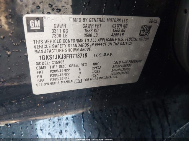 2015 Gmc Yukon Xl 1500 Denali მანქანა იყიდება აუქციონზე, vin: 1GKS1JKJ8FR713710, აუქციონის ნომერი: 45947026