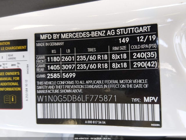 2020 Mercedes-benz Glc 350e 4matic მანქანა იყიდება აუქციონზე, vin: W1N0G5DB6LF775871, აუქციონის ნომერი: 45947030