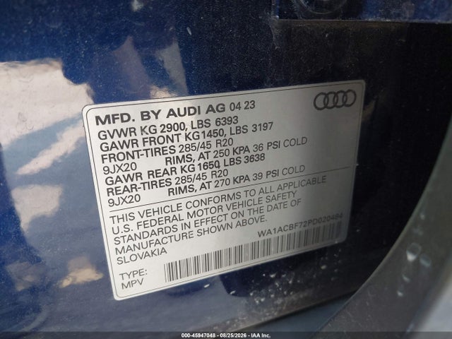 Продаж на аукціоні авто 2023 Audi Q7 Premium 45 Tfsi Quattro Tiptronic, vin: WA1ACBF72PD020484, номер лоту: 45947048