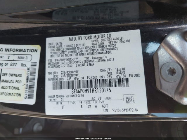 Продаж на аукціоні авто 2017 Ford Fusion Se, vin: 3FA6P0H91HR150175, номер лоту: 45947088