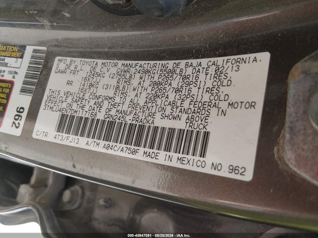 Продажа на аукционе авто 2013 Toyota Tacoma Base V6, vin: 3TMLU4EN7DM117168, номер лота: 45947091