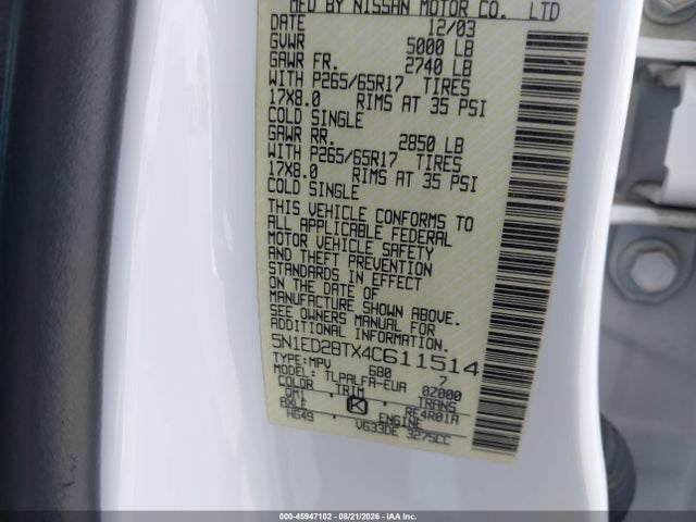 45947102 :رقم المزاد ، 5N1ED28TX4C611514 vin ، 2004 Nissan Xterra Se مزاد بيع