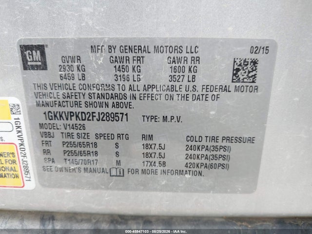 Продаж на аукціоні авто 2015 Gmc Acadia Sle-2, vin: 1GKKVPKD2FJ289571, номер лоту: 45947103