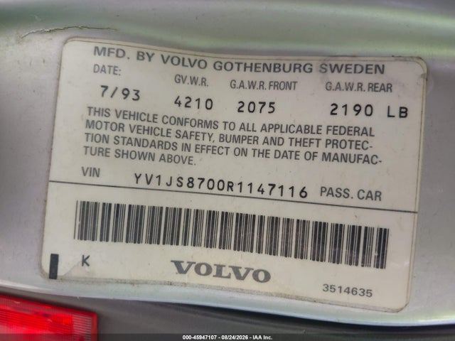 Продажа на аукционе авто 1994 Volvo 940, vin: YV1JS8700R1147116, номер лота: 45947107