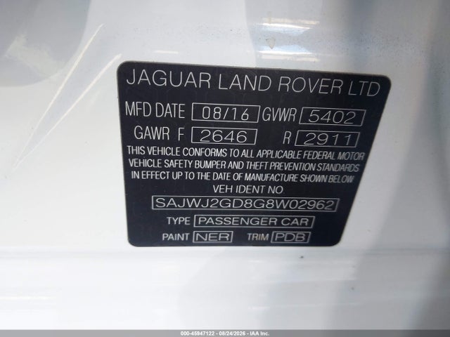 Aukcja sprzedaży 2016 Jaguar Xj Xjl Portfolio, vin: SAJWJ2GD8G8W02962, numer aukcji: 45947122