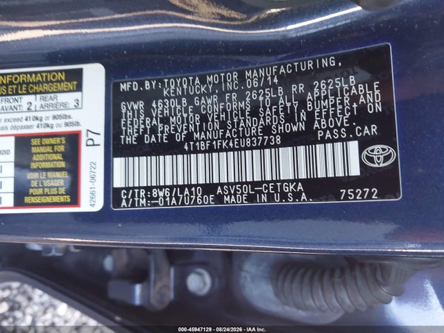 2014 Toyota Camry Xle მანქანა იყიდება აუქციონზე, vin: 4T1BF1FK4EU837738, აუქციონის ნომერი: 45947129