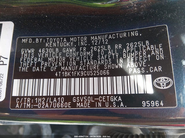 2012 Toyota Camry Xle V6 მანქანა იყიდება აუქციონზე, vin: 4T1BK1FK9CU525066, აუქციონის ნომერი: 45947134