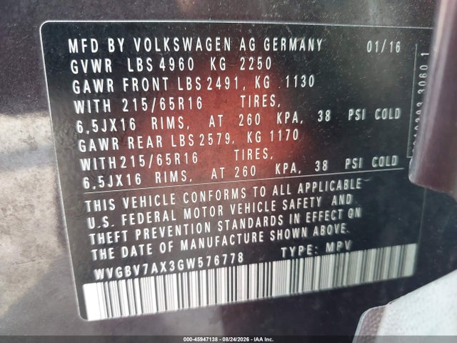 Aukcja sprzedaży 2016 Volkswagen Tiguan S, vin: WVGBV7AX3GW576778, numer aukcji: 45947138