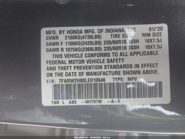 2020 Honda Cr-v Awd Ex-l მანქანა იყიდება აუქციონზე, vin: 7FARW2H80LE010646, აუქციონის ნომერი: 45947141