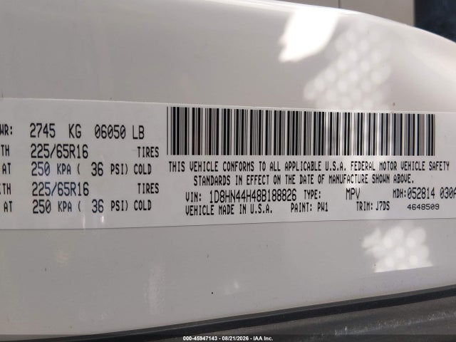 45947143 :رقم المزاد ، 1D8HN44H48B188826 vin ، 2008 Dodge Grand Caravan Se مزاد بيع