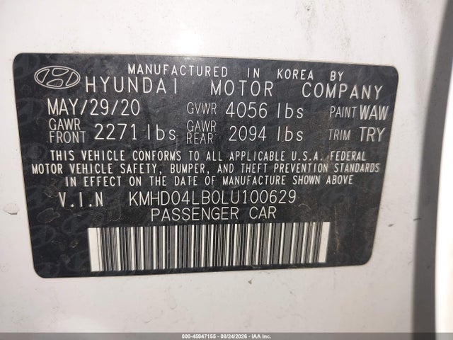Продаж на аукціоні авто 2020 Hyundai Elantra Sport, vin: KMHD04LB0LU100629, номер лоту: 45947155