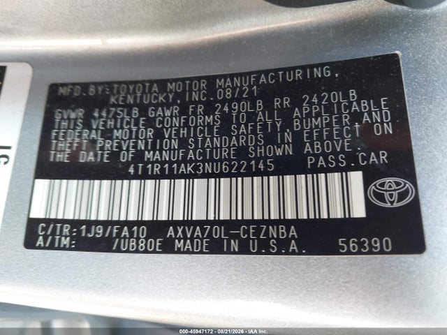 Продаж на аукціоні авто 2022 Toyota Camry Le, vin: 4T1R11AK3NU622145, номер лоту: 45947172