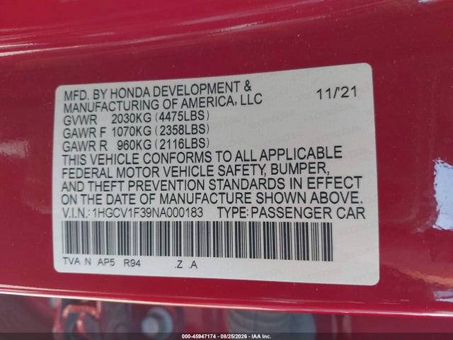 Aukcja sprzedaży 2022 Honda Accord Sport, vin: 1HGCV1F39NA000183, numer aukcji: 45947174