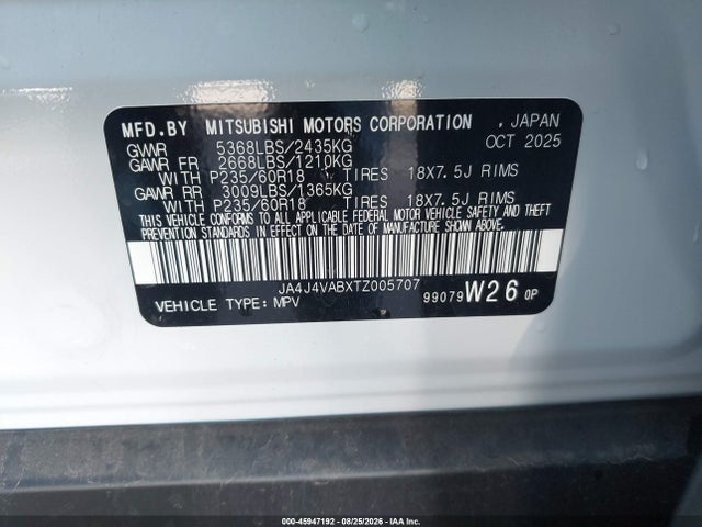 45947192 :رقم المزاد ، JA4J4VABXTZ005707 vin ، 2026 Mitsubishi Outlander Le 2.5 S-awc/ralliart 2.5 S-awc/se 2.5 S-awc/trail Edition 2.5 S-awc مزاد بيع