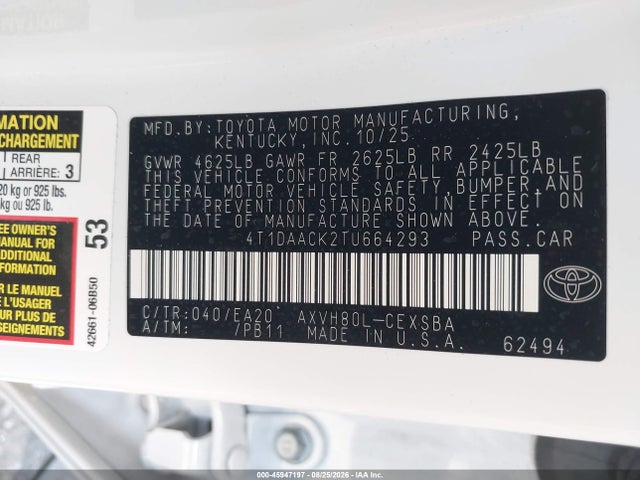 2026 Toyota Camry Nightshade მანქანა იყიდება აუქციონზე, vin: 4T1DAACK2TU664293, აუქციონის ნომერი: 45947197