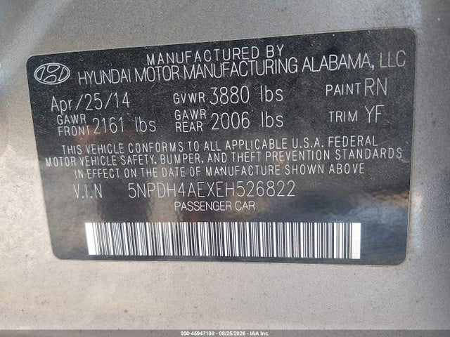 5NPDH4AEXEH526822 Hyundai ELANTRA SE