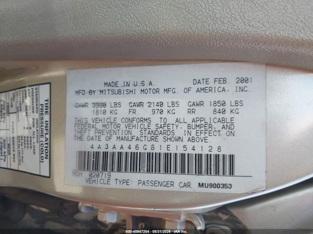 Aukcja sprzedaży 2001 Mitsubishi Galant Es, vin: 4A3AA46G61E154128, numer aukcji: 45947204