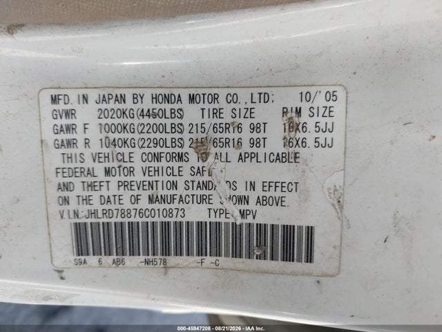 45947208 :رقم المزاد ، JHLRD78876C010873 vin ، 2006 Honda Cr-v Ex مزاد بيع