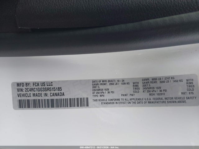 45947212 :رقم المزاد ، 2C4RC1GG3SR515185 vin ، 2025 Chrysler Pacifica Limited مزاد بيع